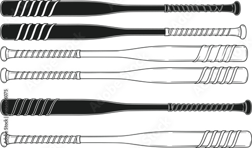 Vector Baseball Bat Silhouette and Outline Set, Black and White Sport Equipment Collection, Softball and Baseball Game Gear