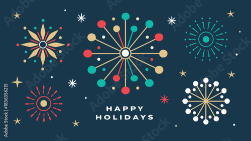 Happy Holidays printable banner, card, vector with Christmas snowflake card, winter, clipart, modern graphic snowflakes, business, Holiday card background, unique, simple style geometric shapes
