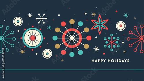 Happy Holidays printable banner, card, vector with Christmas snowflake card, winter, clipart, modern graphic snowflakes, business, Holiday card background, unique, simple style geometric shapes