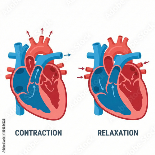 Explore the human heart's contraction and relaxation in detail, essential medical illustration for biology students and healthcare professionals