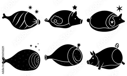 Six black and white stylized images of pigs and hams with decorative elements like stars and swirls