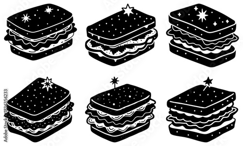 Illustration of six stylized black and white sandwiches with star toppers and patterned bread crusts