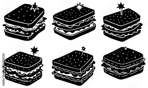 Illustration of six stylized black and white sandwiches with star shaped toothpicks on a white background