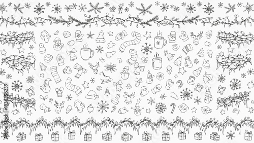Hand-drawn Christmas and Winter Holiday Doodle Pattern with Festive Elements.