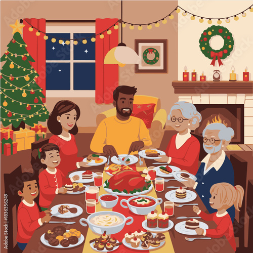 A family of six, including grandparents, gathers around a festive table for a Christmas dinner with a decorated tree and fireplace.