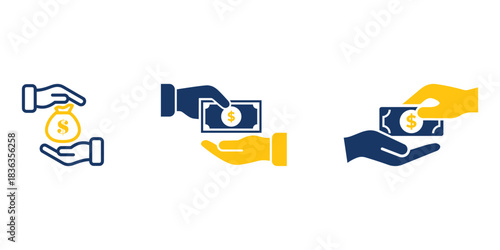 Financial transaction icon set featuring hand-to-hand money exchange, cash payment symbols, and secure monetary transfer concepts in blue and yellow
