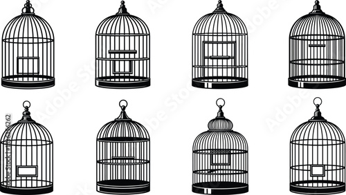 Vector Bird Cage Silhouette and Outline Set, Black and White Collection of Decorative Vintage Hanging Aviaries and Cages