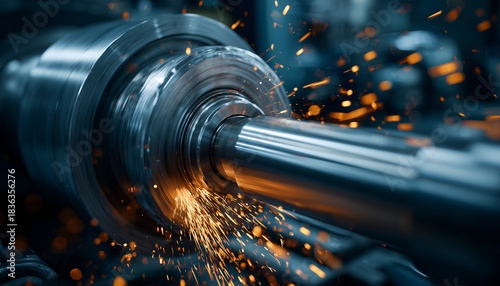 Internal grinding of a cylindrical part with an abrasive wheel on a machine, sparks fly in different directions. Metal machining.