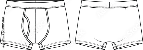 Vector Boxer Briefs Flat Sketch Template, Men's Underwear Front and Back View Technical Drawing, Line Art Outline Garment