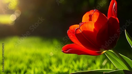 Vibrant red tulip blooms in a gentle breeze, sunlight dancing on petals in spring