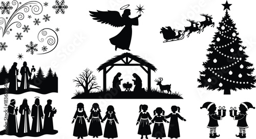 Vector Christmas and Nativity Silhouette Set, Holiday, Santa's Sleigh, Angels, Snowflakes, and Tree Graphics Collection