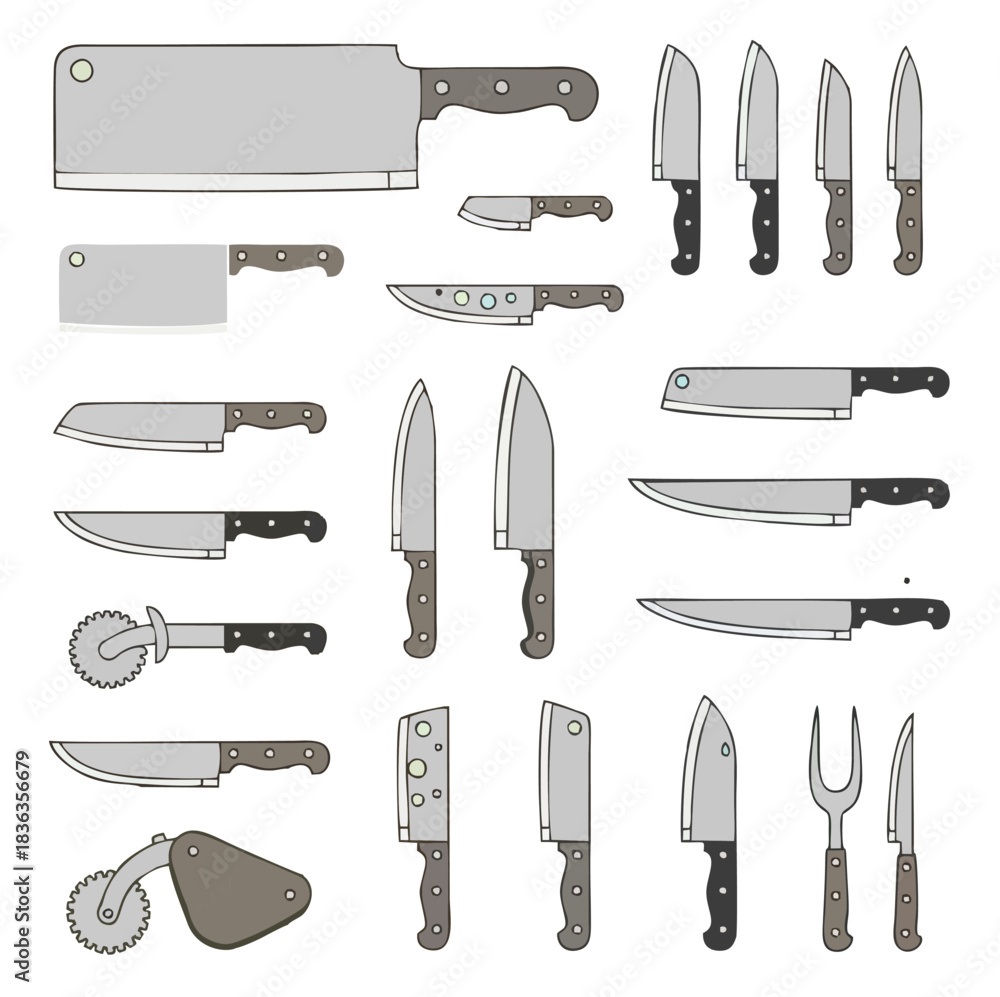 Naklejka premium Kitchen knife set illustration with chef tools, cutlery, butcher knives, cooking utensils for culinary design and food artwork