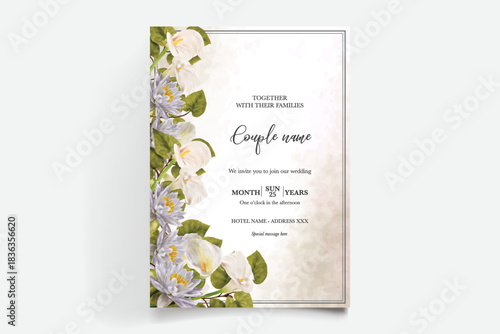 WEDDING INVITATION FRAME WITH FLOWER DECORATIONS AND FRESH LEAVES