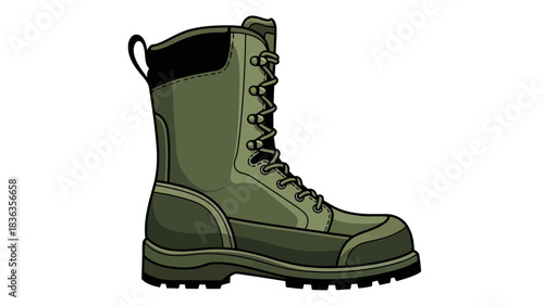 A stylized illustration of a green combat boot with black accents and white laces