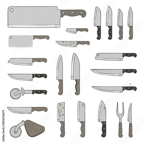 Kitchen knife set illustration with chef tools, cutlery, butcher knives, cooking utensils for culinary design and food artwork