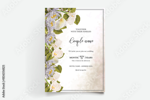 WEDDING INVITATION FRAME WITH FLOWER DECORATIONS AND FRESH LEAVES
