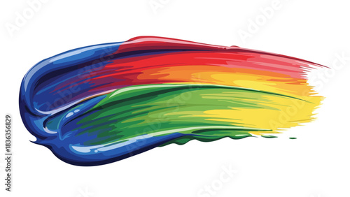 A thick colorful paint stroke blending blue red yellow and green