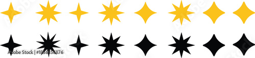 Sparkle star icon set, golden and black shining shapes collection, decorative twinkle symbols for design isolated on white background