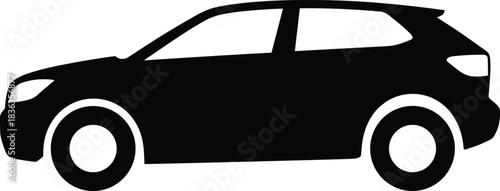 Black SUV car silhouette icon, modern crossover vehicle side view, transportation symbol, flat vector illustration isolated on white background