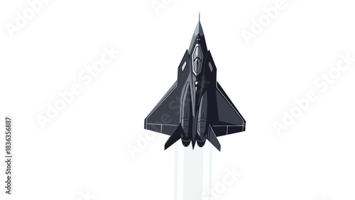 A topdown pixel art view of a dark gray stealth fighter jet ascending