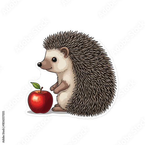 Cute Cartoon Hedgehog Sticker with Bright Red Apple Isolated on White
