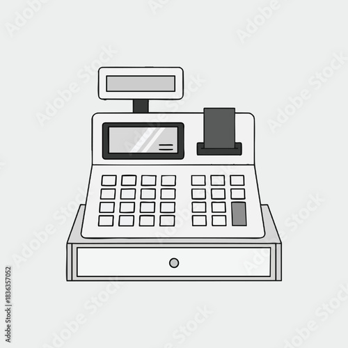 Minimalist Line Art Illustration of a Vintage Style Electronic Cash Register Machine