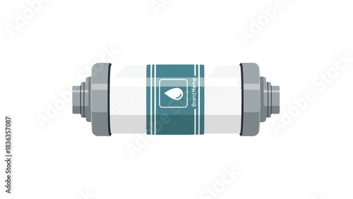A white cylindrical container with a teal label and a water drop icon
