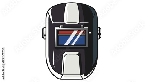 A welding mask with a dark outer shell and a rectangular visor