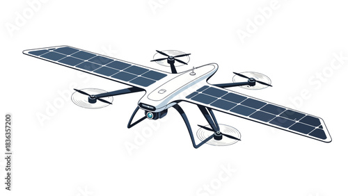 A white drone with solar panels on its wings and a camera