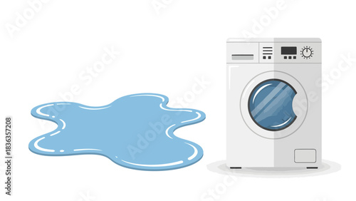 A white washing machine next to a puddle of blue liquid