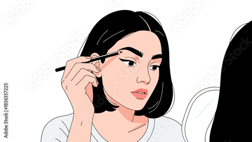 A woman applies makeup to her eyebrow in a mirror