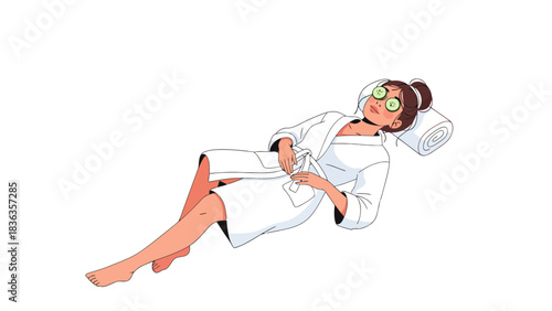 A woman in a white robe relaxes with cucumber slices on her eyes