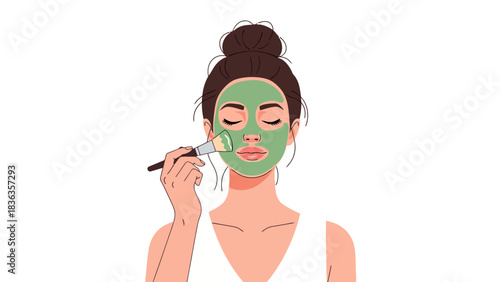 A woman with a green face mask and her hair in a bun applies mask