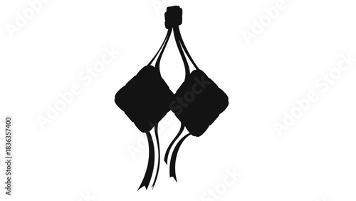 Black silhouette illustration of two traditional ketupat rice cakes hanging, often served during Eid al-Fitr.