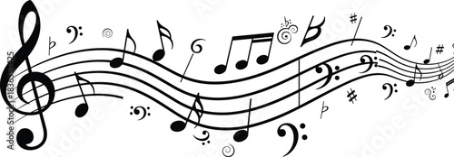Wavy Music Stave and Notes Vector Illustration, Treble Clef, Bass Clef, Accidentals, and Symbols, Black and White Score Outline for Melody and Song