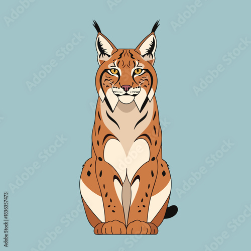 Front View Illustration of a Sitting Wild Lynx Cat with Tufted Ears