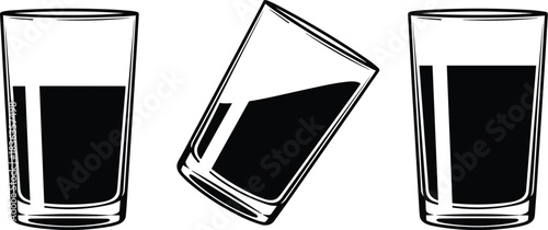 Glass Tilt and Liquid Equilibrium Illustration Showing Fluid Behavior, Gravity Effect, Beverage Dynamics, and Transparent Container Silhouette in Vector Style