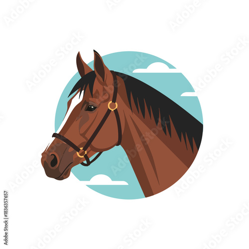 Majestic Brown Horse Head Portrait with Bridle Icon on Sky Background