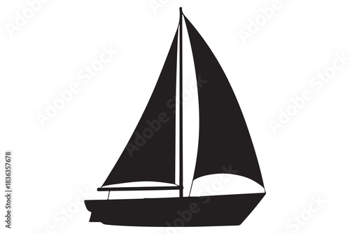  A striking black silhouette of a modern sailboat with full sails on a white background silhouette