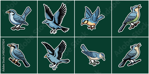 Colorful Blue Jay Songbird Wildlife Illustration Collection Featuring Flying, Perched on Branch, and Singing Behavior for Fauna, Nature Branding, Ornithology Media, and Creative Visual Content