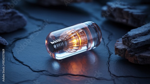 Futuristic capsule technology concept with glowing core and transparent shell