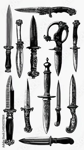 Vintage decorative dagger and knife illustration, ornate antique weapon art for design and engraving reference