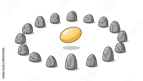 An egg hovers above a ring of grey cracked stones on a white background