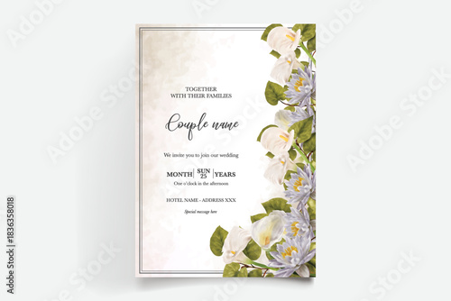 WEDDING INVITATION FRAME WITH FLOWER DECORATIONS AND FRESH LEAVES