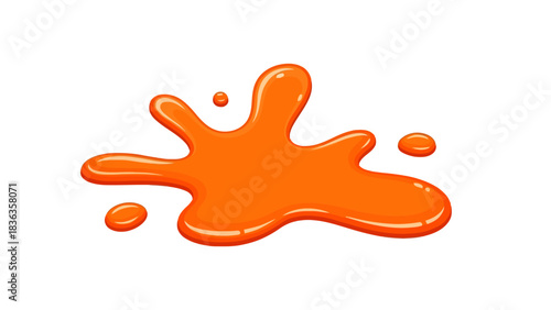 An orange liquid splash with three smaller droplets on a white background