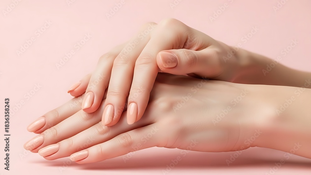 Naklejka premium Elegant hands with natural nude manicure on a soft pink background showcasing beauty and feminine grace for nail art fashion and skincare design concepts
