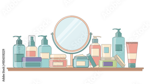 Assortment of skincare products and a makeup mirror on a shelf