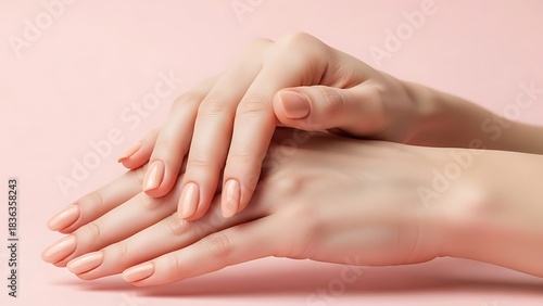 Wallpaper Mural Elegant hands with natural nude manicure on a soft pink background showcasing beauty and feminine grace for nail art fashion and skincare design concepts Torontodigital.ca