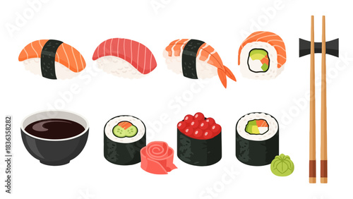 Assortment of sushi soy sauce pickled ginger wasabi and chopsticks
