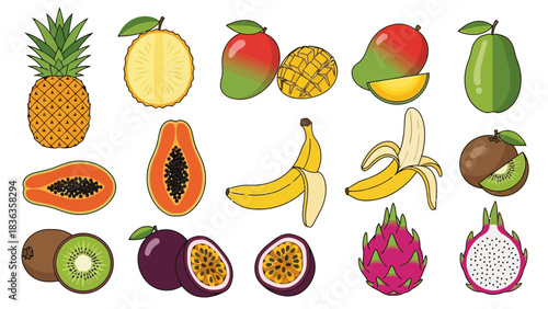 Assortment of tropical and common fruits in a clean white background